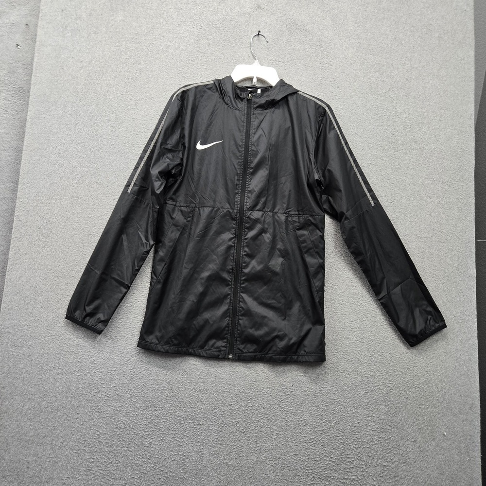 Nike Men Jacket S Black Windbreaker Swoosh Logo Hooded Full Zip Activewear Lined